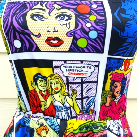 Pop Art Comic Printed Tight Strapless Dress Adult Halloween Party Costume (XS) - Picture 4 of 11